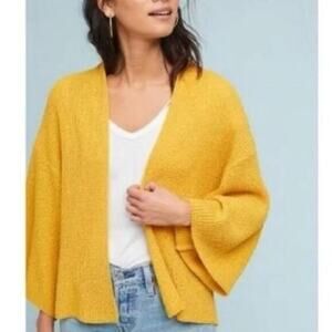 Anthropologie Women‎ Knit Cardigan Mustard Yellow Wide Sleeve Open Front Slouchy